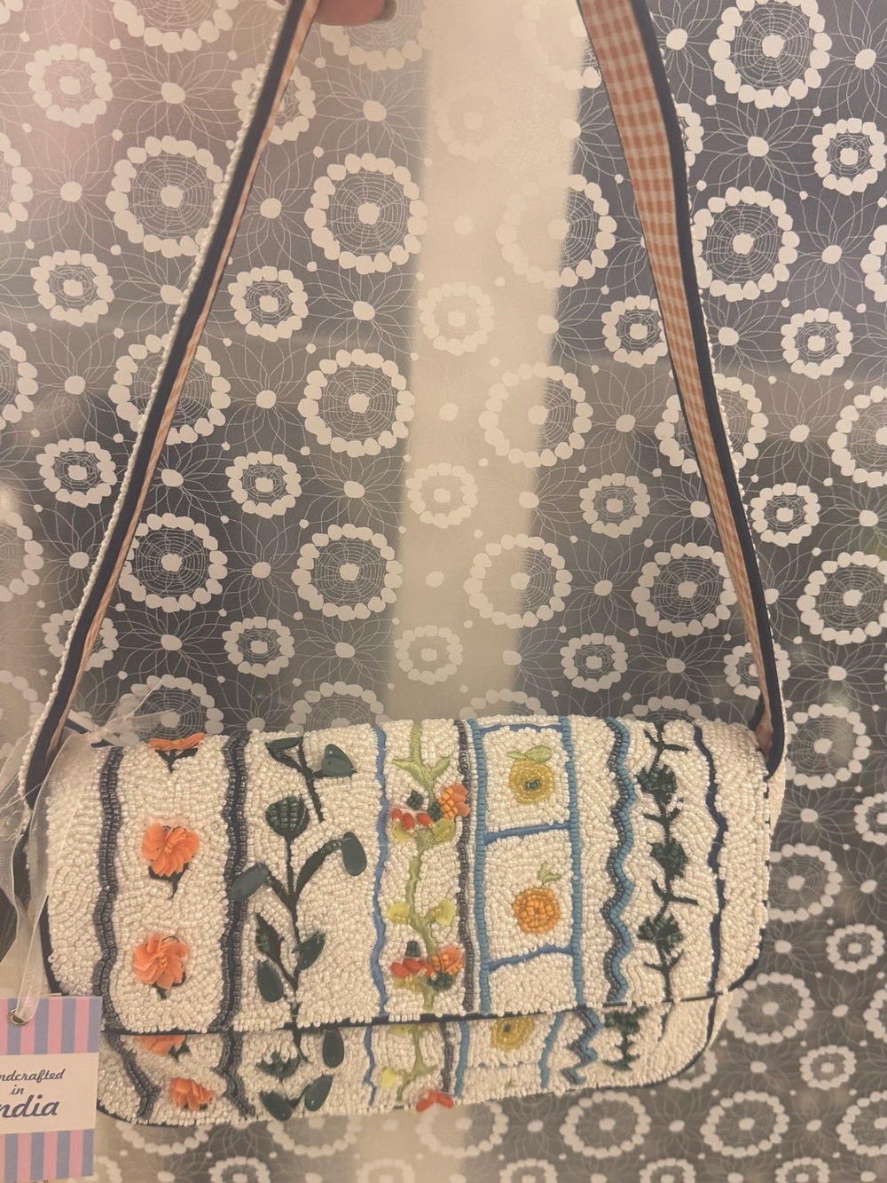 Handcrafted White Floral Beaded Shoulder Bag